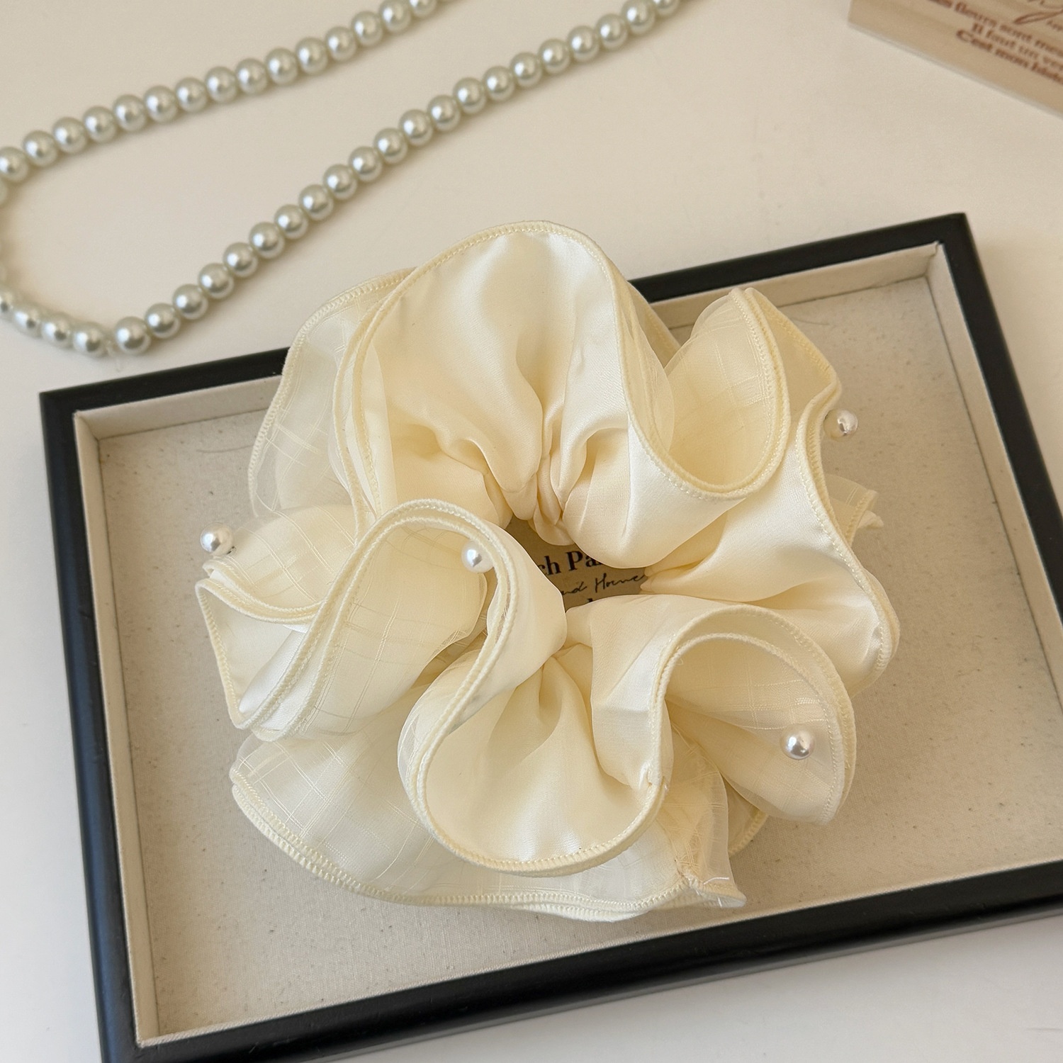 Women's Spring Soft Gauze Pearl Bubble Braid Hair Tie Solid Black