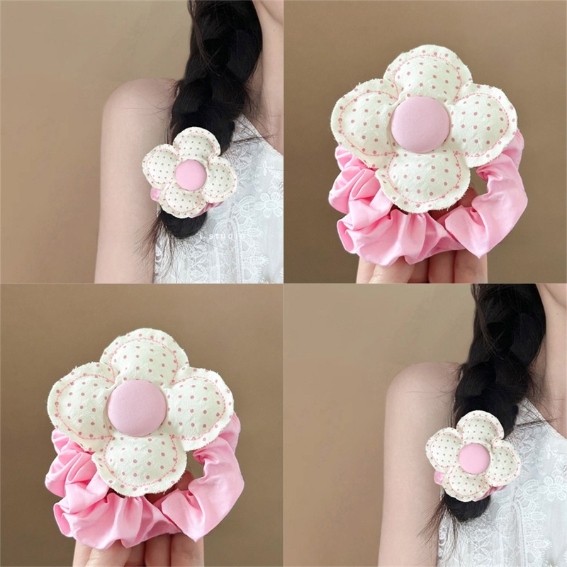 Women's Sweet Spring Fabric Hair Scrunchie Pink Ditsy Floral Polka Dots