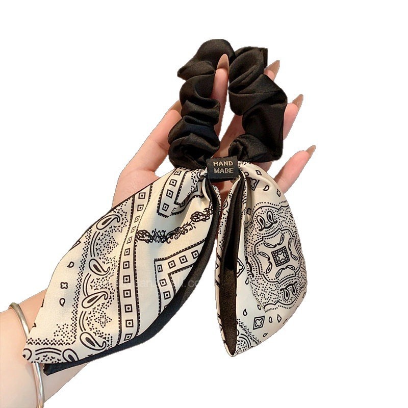 Women's French Satin Bowknot Hair Tie Spring Accessory White Black Print