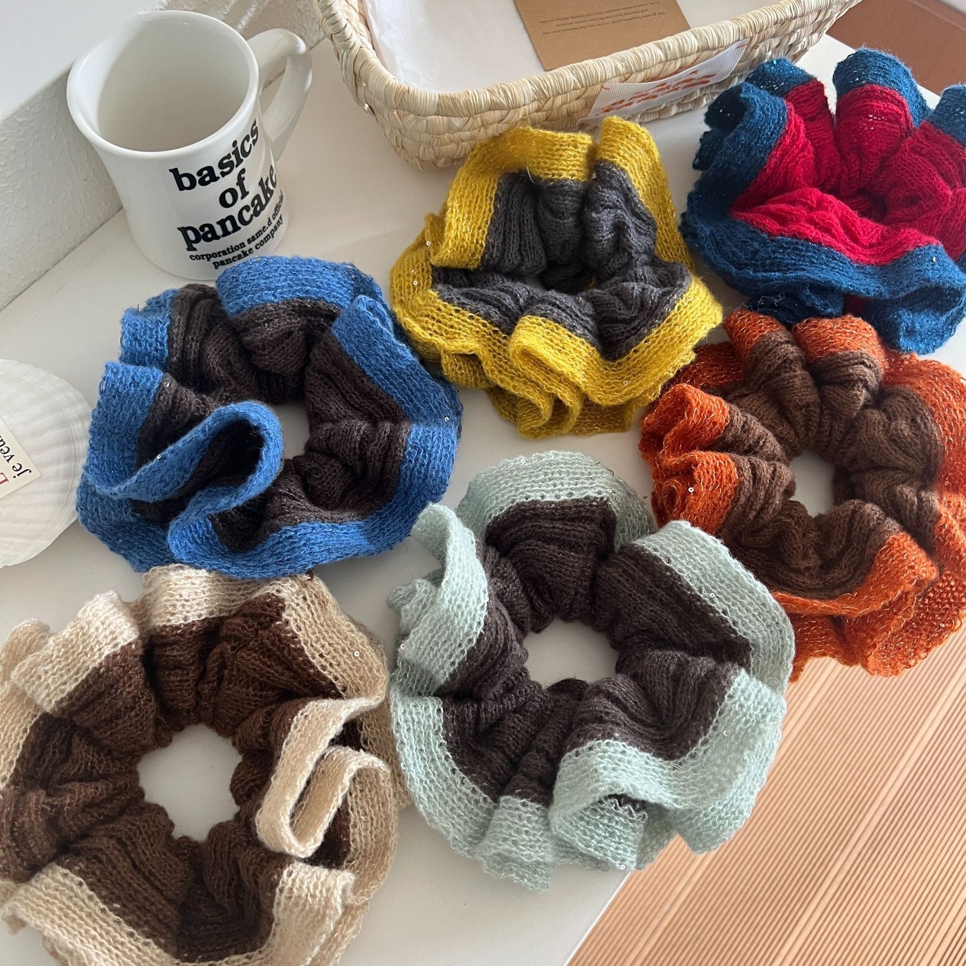 Women's Autumn Winter Knit Wool Yarn Hair Tie Round Scrunchie Blue