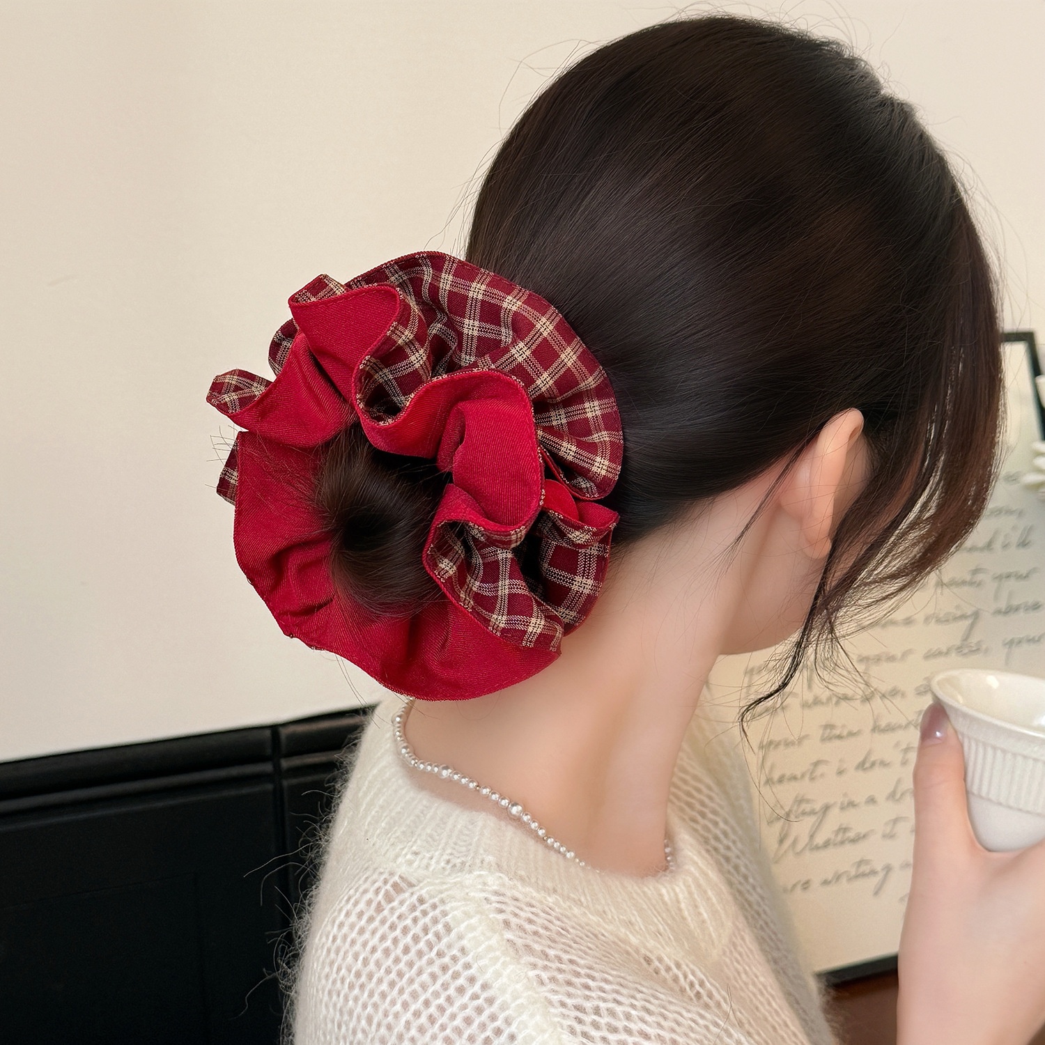 Women's Retro Cloth Flower Bud Hair Ties Double Layer Plaid Scrunchies