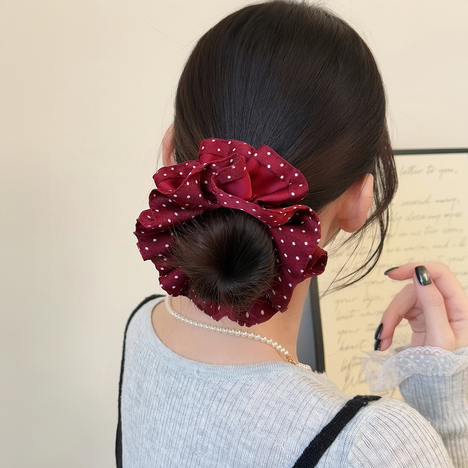 Women's French Red Polka Dot Double Layer Hair Band New Year Cloth Hair Tie