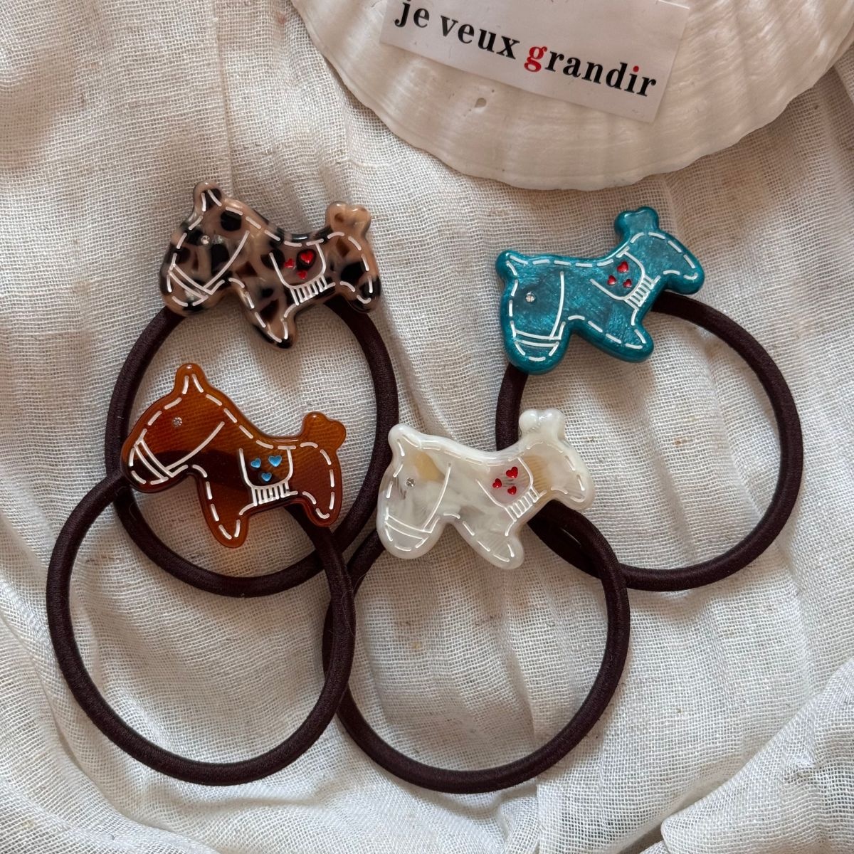 Ladies High Elastic Acetate Hair Tie Navy Coffee Floral Dog Pattern