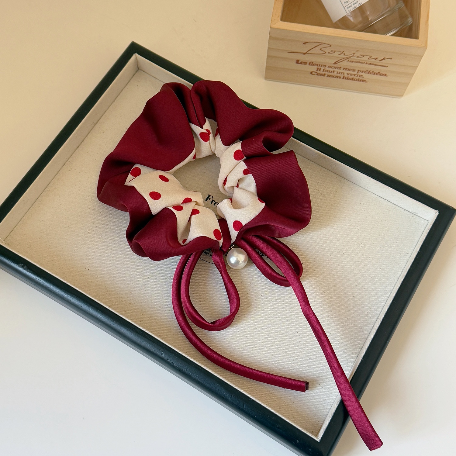 Women's Elastic Pearl Bow Cloth Hair Tie For Buns Black Red Polka Dot