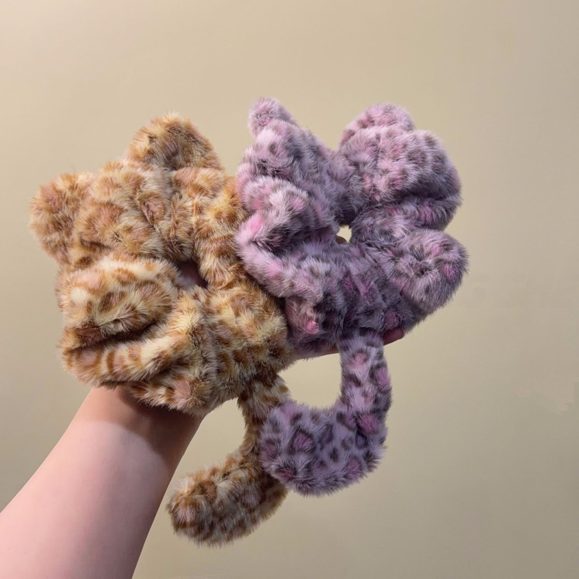 Women's Plush Animal Hair Tie, Purple Leopard Print Autumn Winter Accessory