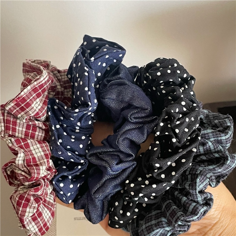 Women's Casual Fabric Tail Hair Ties Denim Blue Polka Dot Plaid
