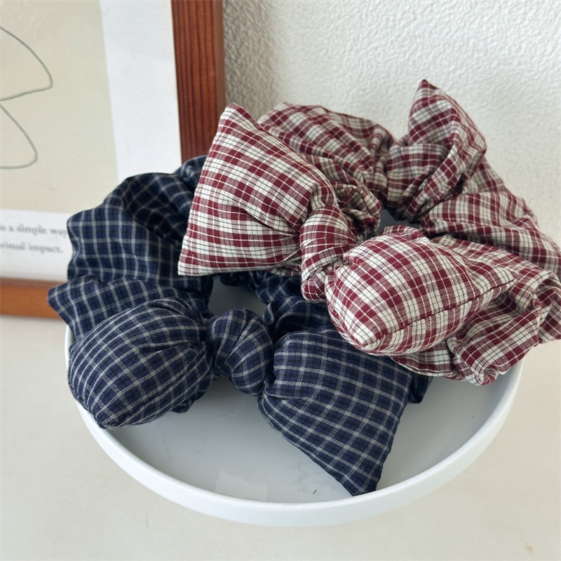 Women's Large Retro Plaid Bowknot Hair Tie Preppy Fabric Elastic Band
