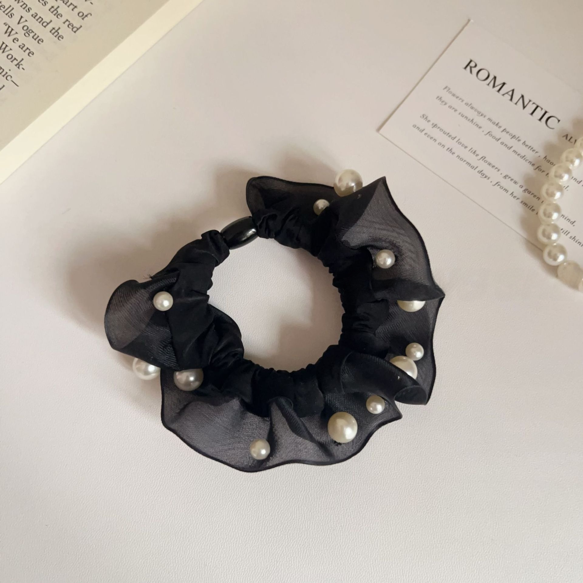 Women's Simple Organza Pearl Hair Tie - Elegant Coffee Autumn Accessory