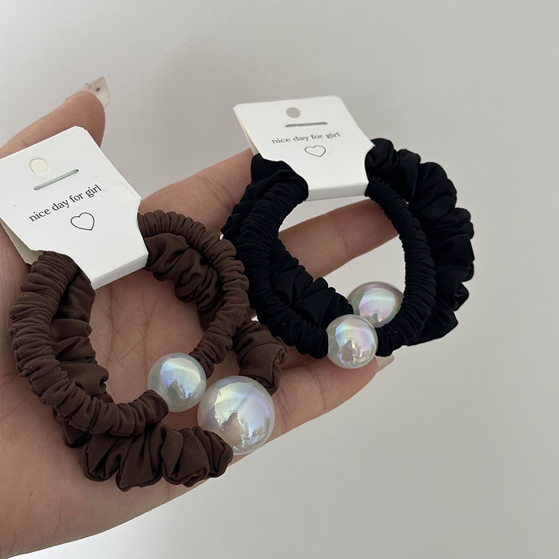 Women's All Season French Cloth Hair Tie Pair Black Coffee Round Bead