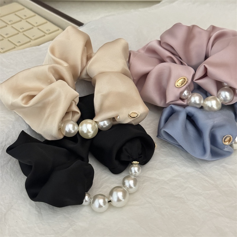 Women's Elegant Summer Satin Pearl Scrunchie Hair Tie Solid Pink