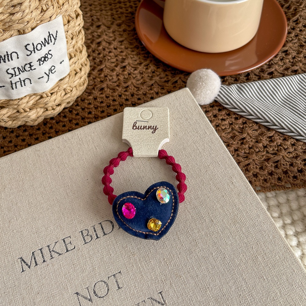 Girls High Elastic Velvet Bubble Hairband Rhinestone Heart Shape