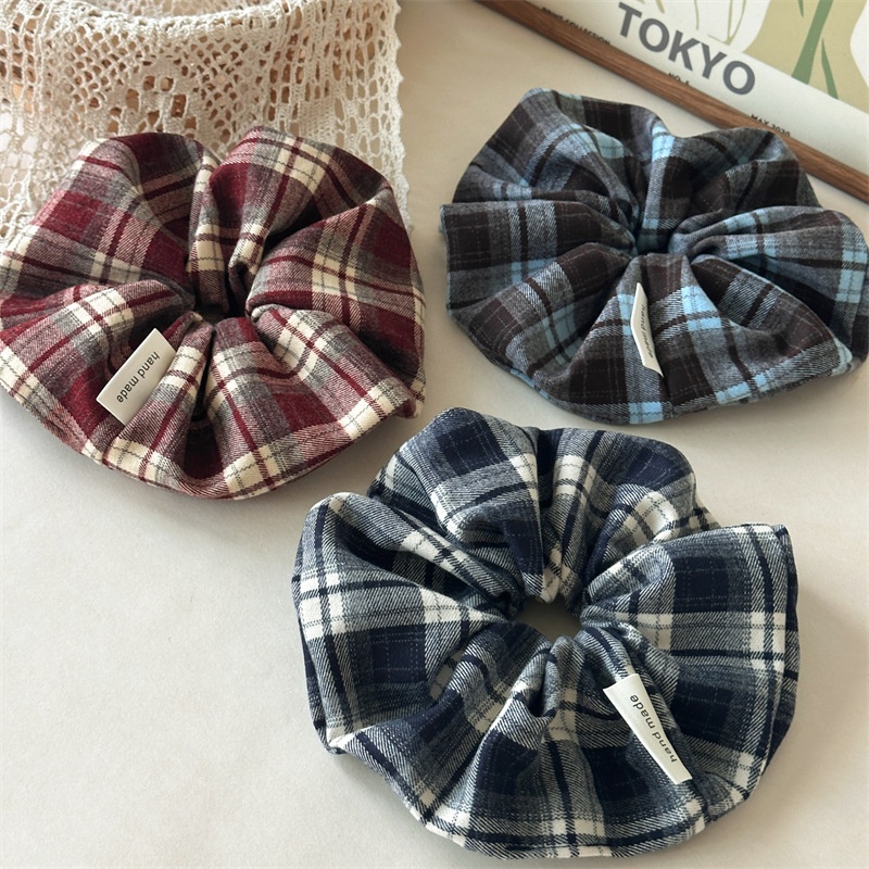 Women's Retro Dark Plaid Hair Ties Preppy Frayed Cloth Elastic Hair Bands