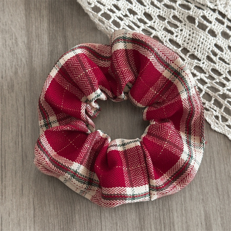 Women's High Elasticity Bun Hair Tie Festive Red Plaid Fabric Hairband