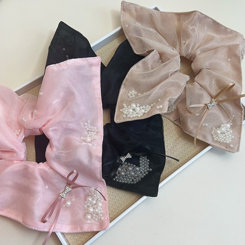 Women's Pearl Gauze Bowknot Hair Tie Low Ponytail Scrunchie Khaki Pink