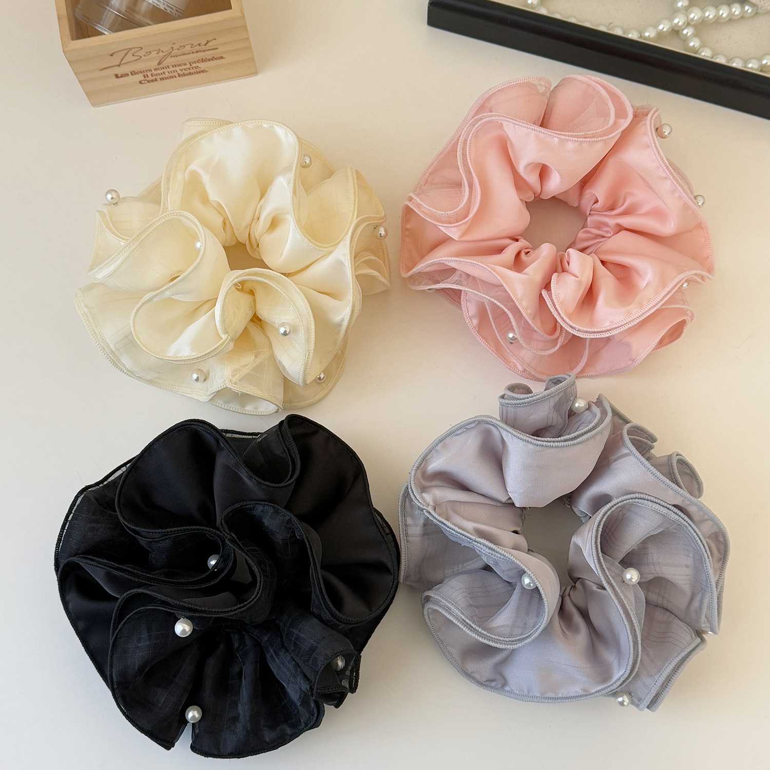 Women's Spring Soft Gauze Pearl Bubble Braid Hair Tie Solid Black