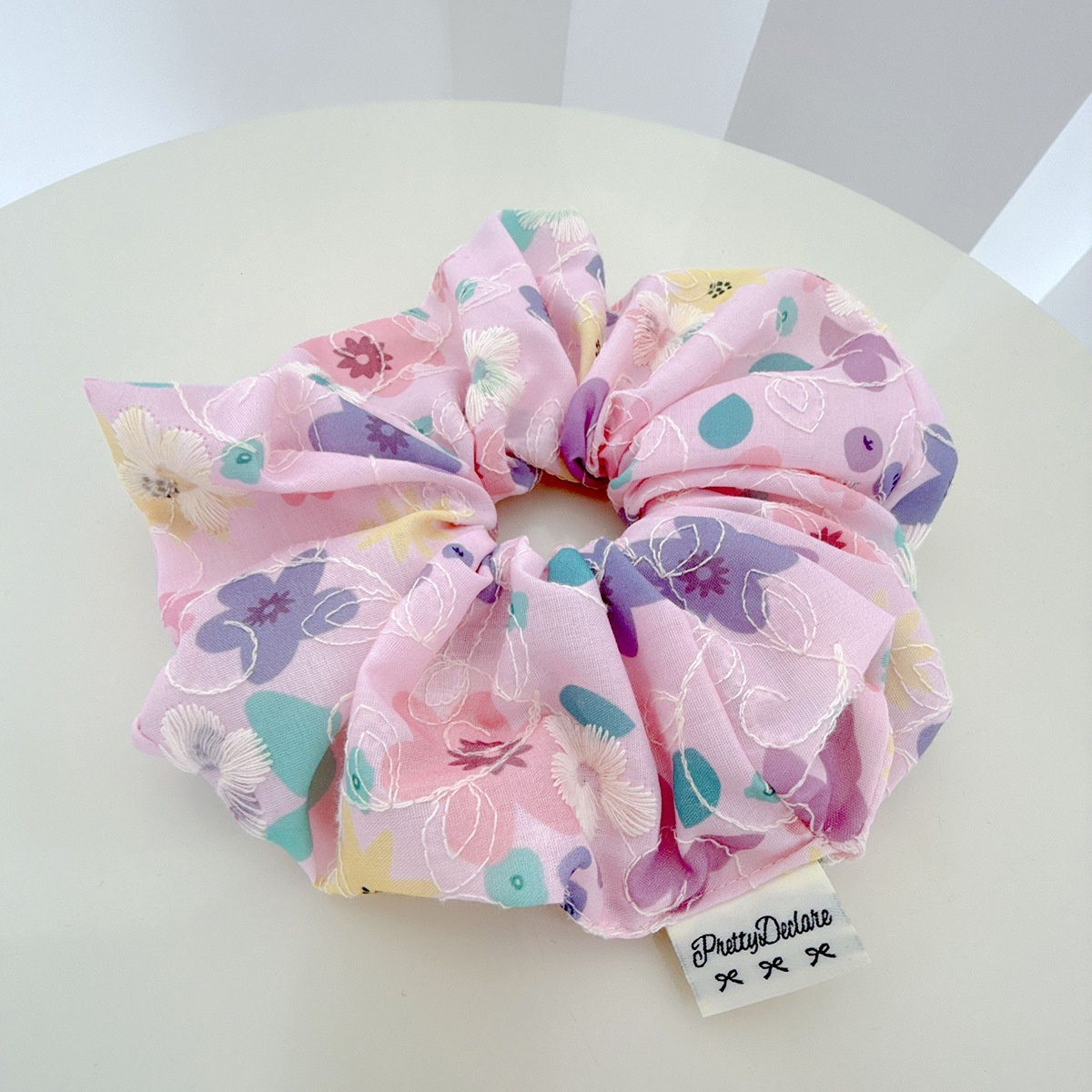 Women's Summer Cloth Hair Tie Ditsy Floral Embroidery Beige Pink Purple