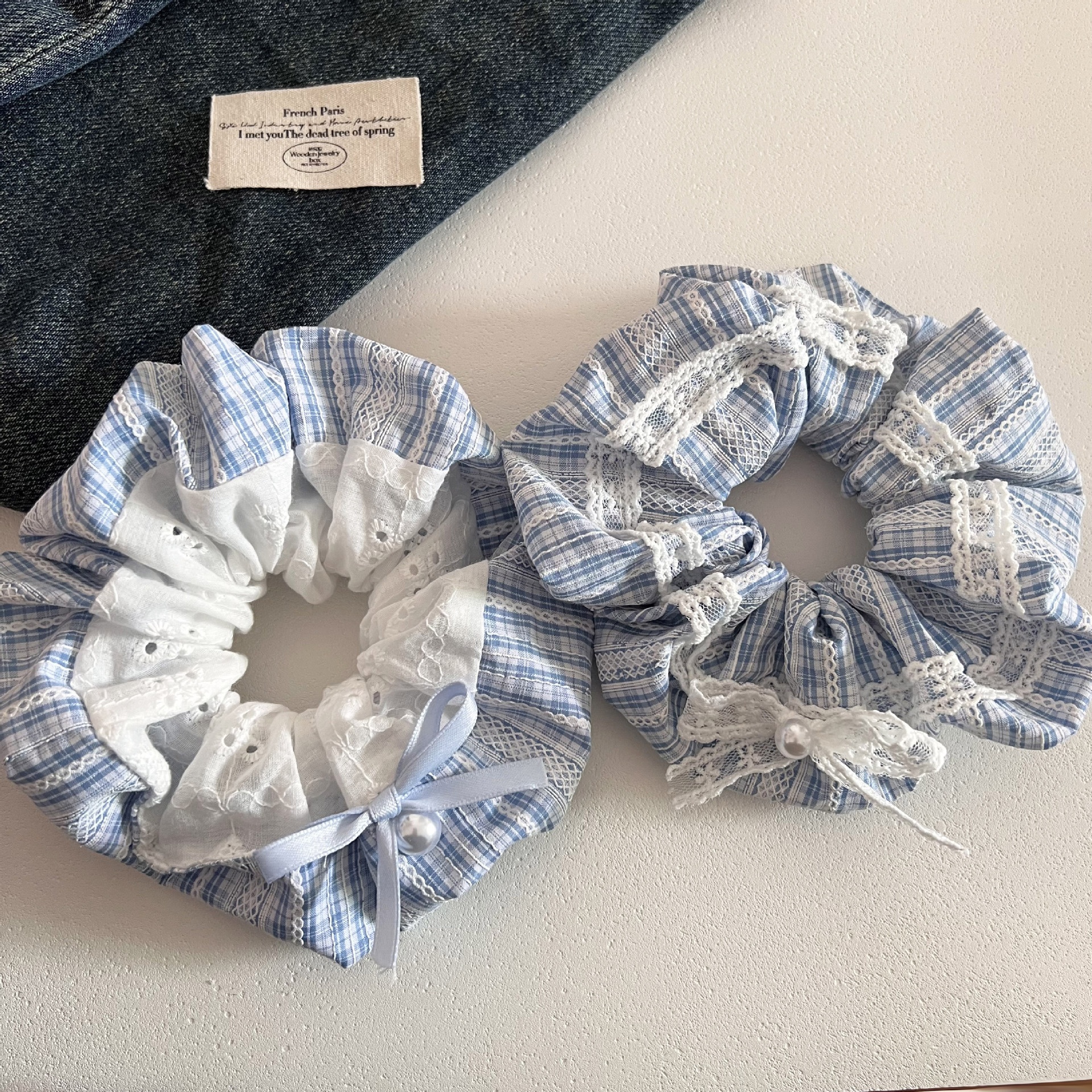 Women's Elastic Fabric Bow Ballet Ponytail Holder Light Blue Plaid