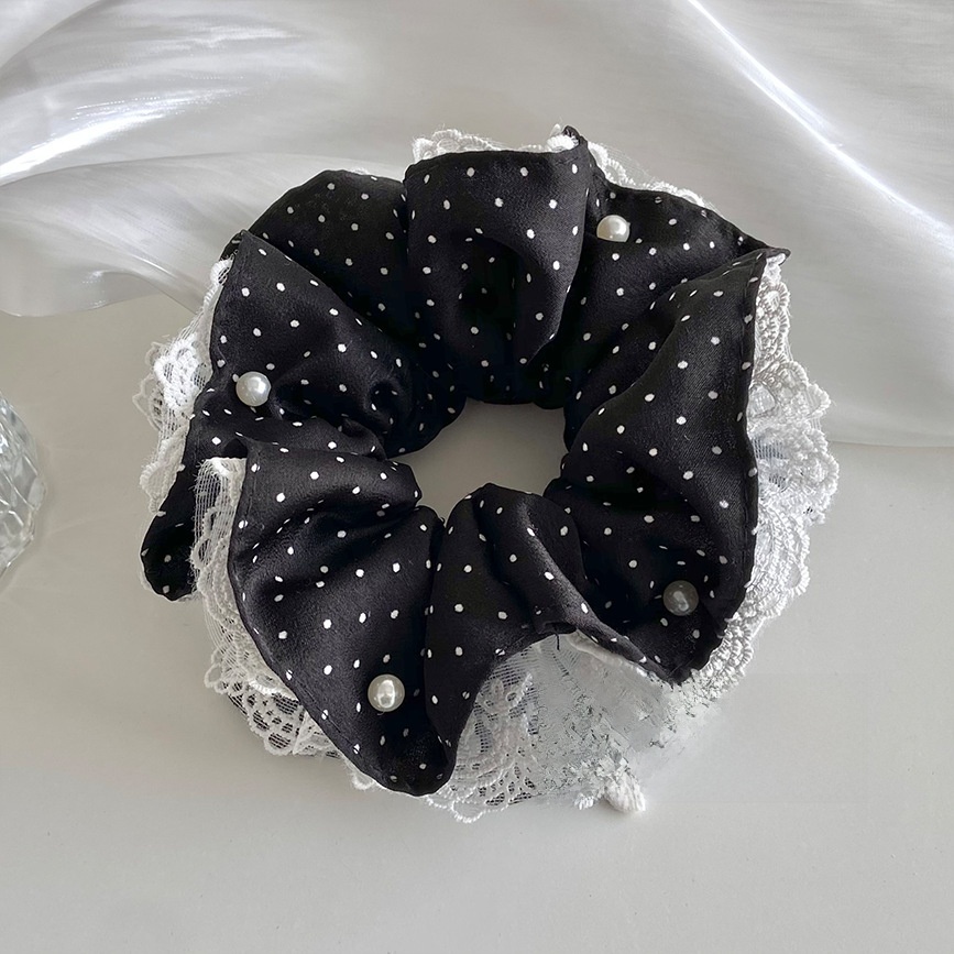 Women's Fairy Style Lace Hair Tie with Pearl Inlay Beige Polka Dots