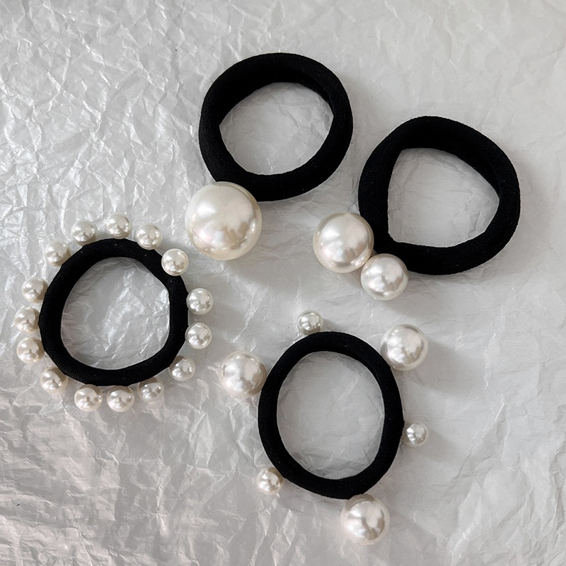 Women's High Elastic Pearl Hair Tie No Damage Ponytail Holder Black