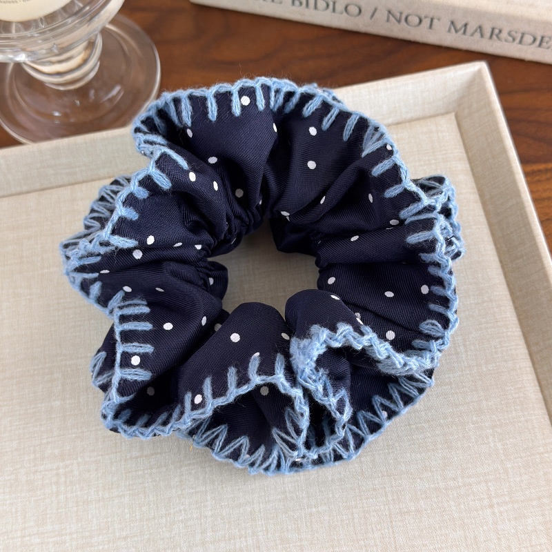 Women's Casual Knitted Lace Half Updo Scrunchie Navy Blue Polka Dot