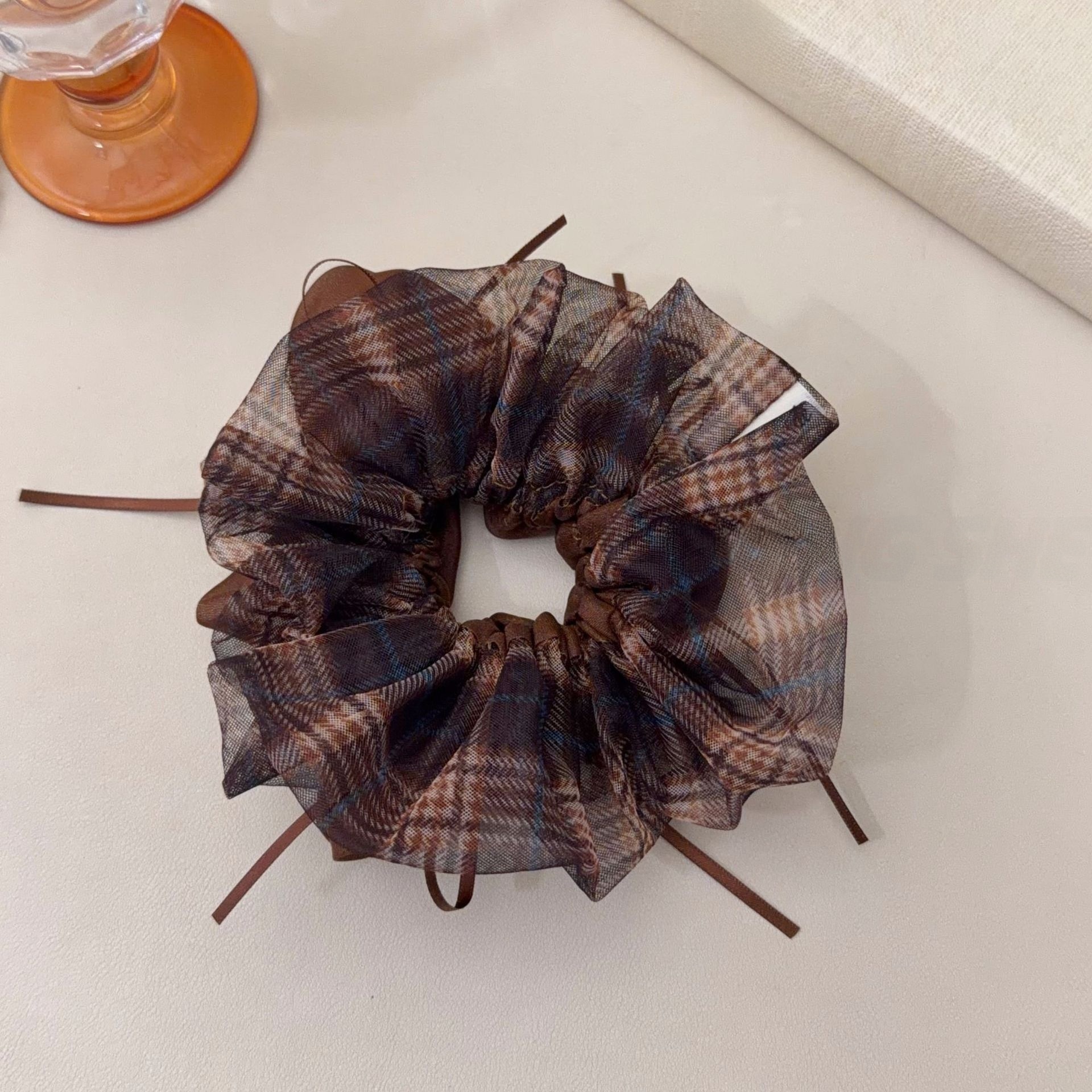 Women's Preppy Organza Bowknot Scrunchie Coffee Plaid Hair Tie