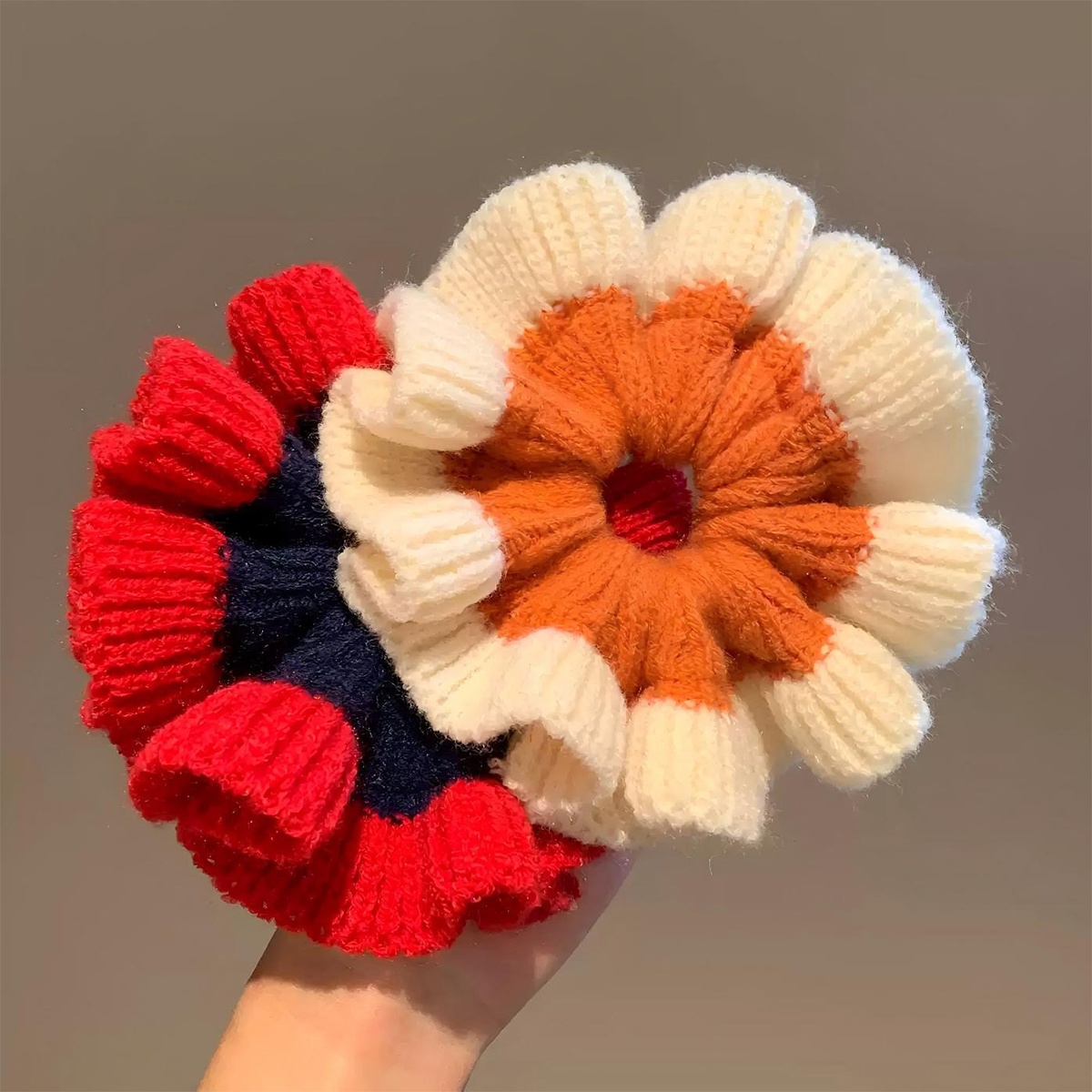 Women's Winter Knitted Lazy Bun Hair Scrunchie Color Block Pattern