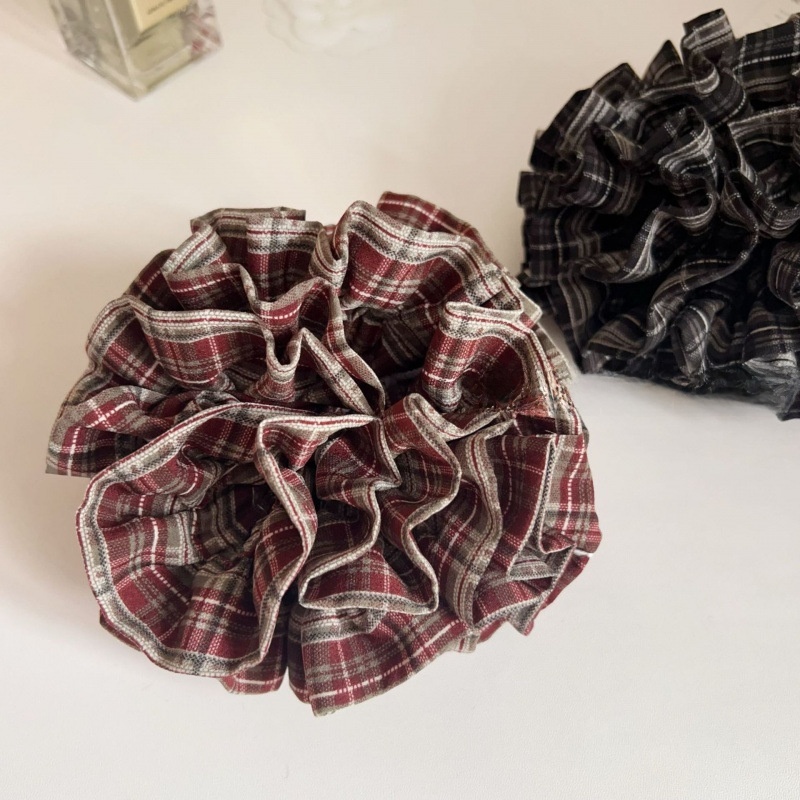 Women's Autumn Preppy Cloth Hair Tie Rubber Band Black Wine Red Plaid