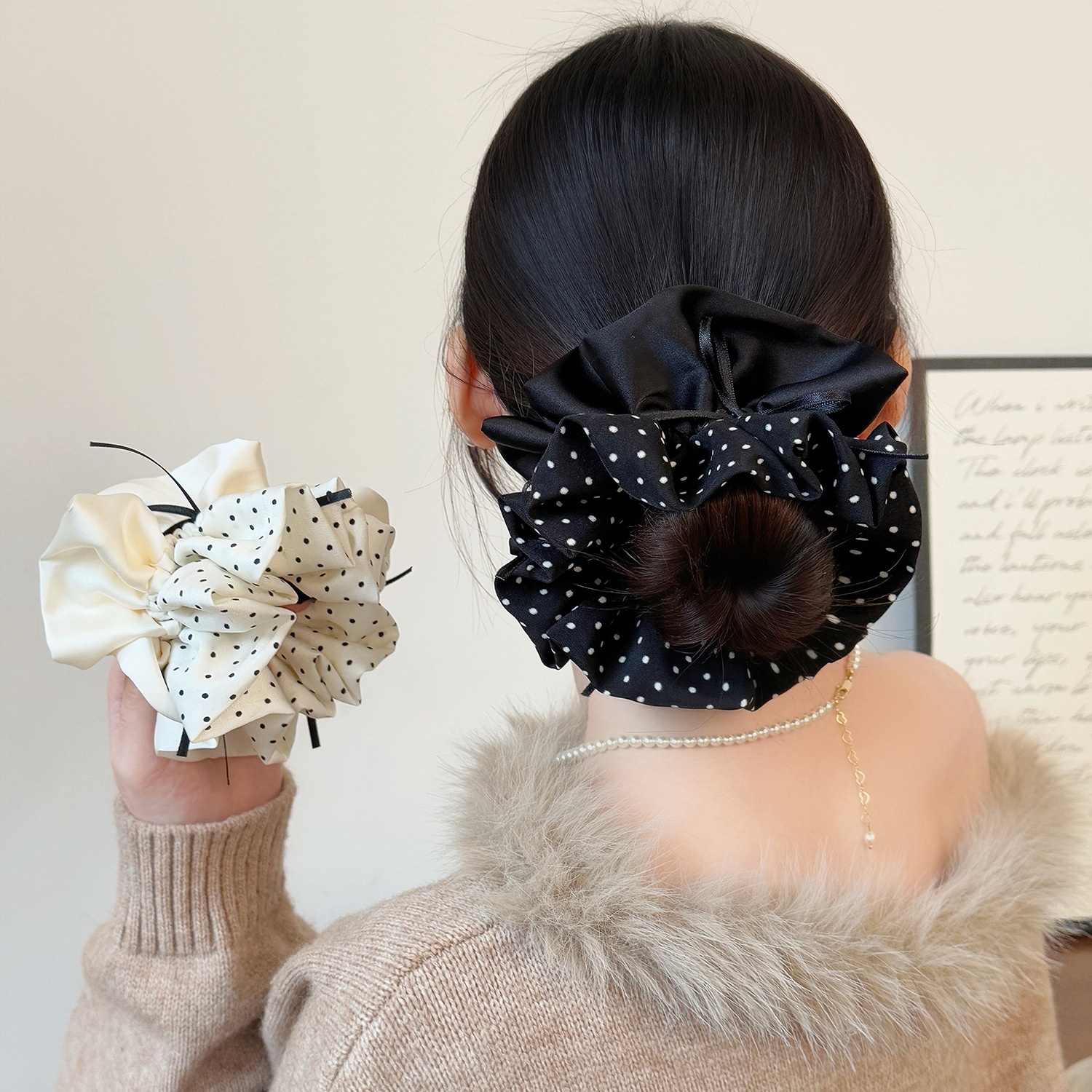 Women's Spring Korean Cloth Bowknot Hair Tie Black Polka Dots