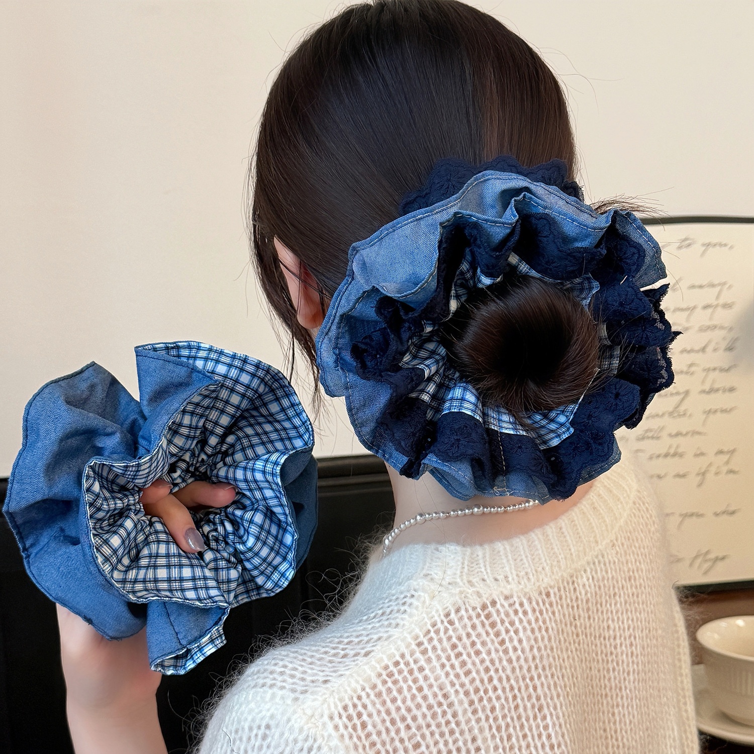 Women's Elegant Cloth Hair Scrunchie Double Layer Blue Plaid Lace