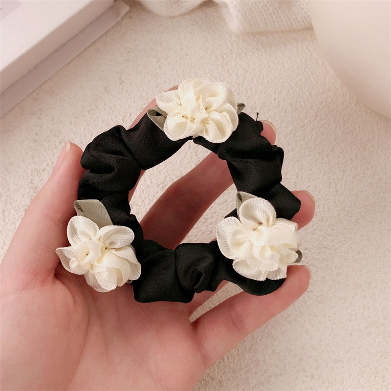Women's Spring Fairy Satin Elastic Hair Tie Beige Black Jasmine Flower