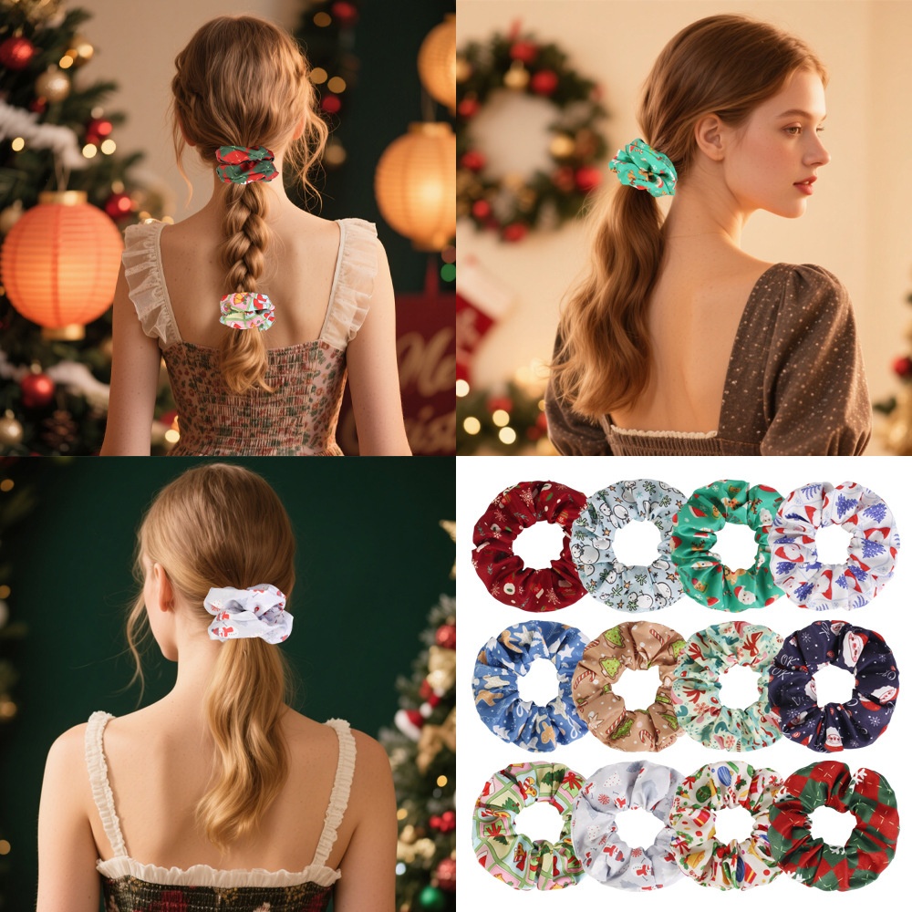 Women's Polyester Scrunchie Hair Tie For High Ponytail Christmas Floral Print