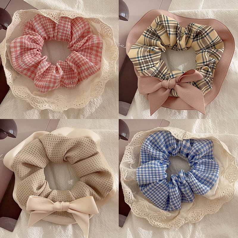 Women's Daily Rib-Knit Lace Rivet Hair Tie Sweet Plaid Bow Knot