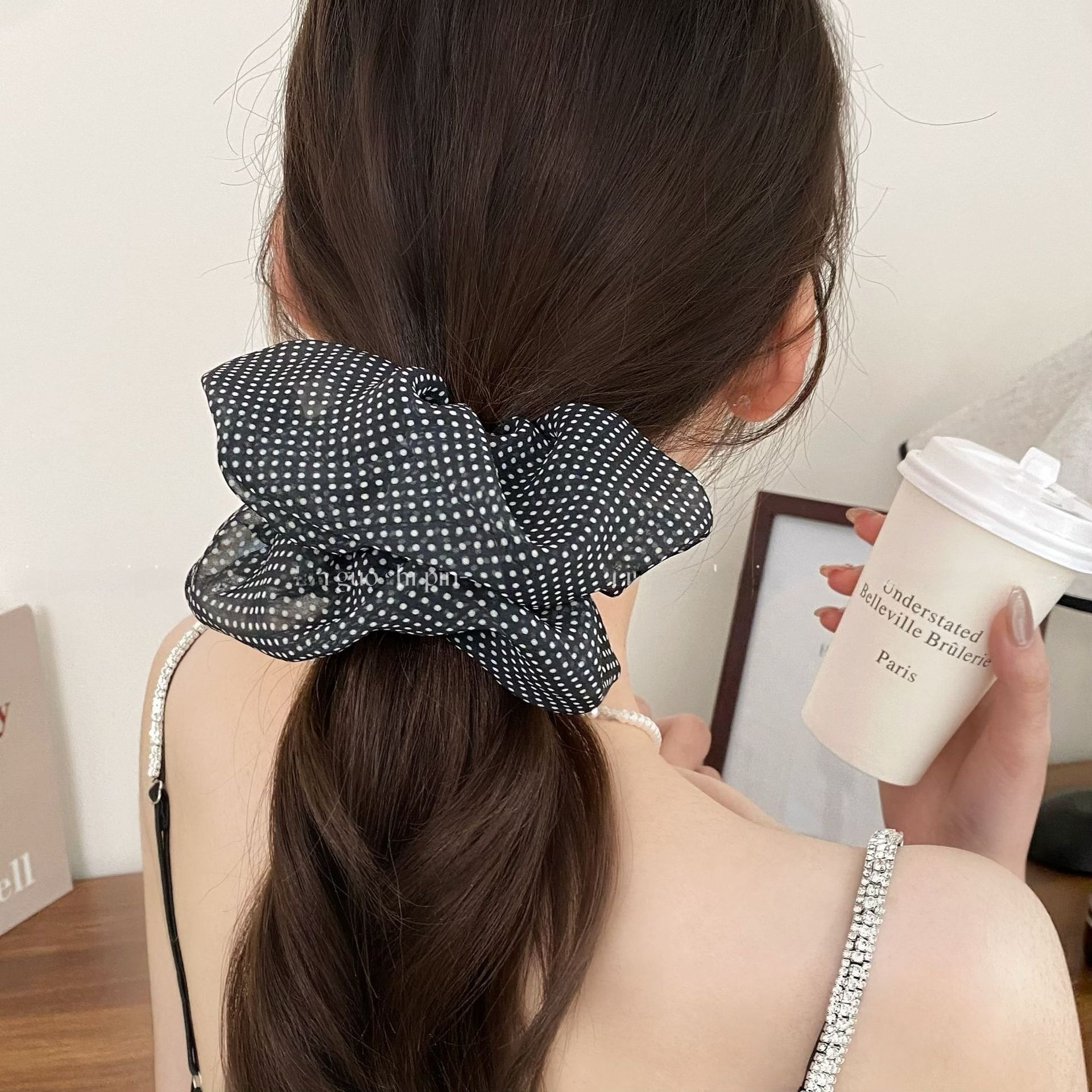 Women's Polka Dot Gauze Hair Tie, Elegant Spring Summer Styling Accessory