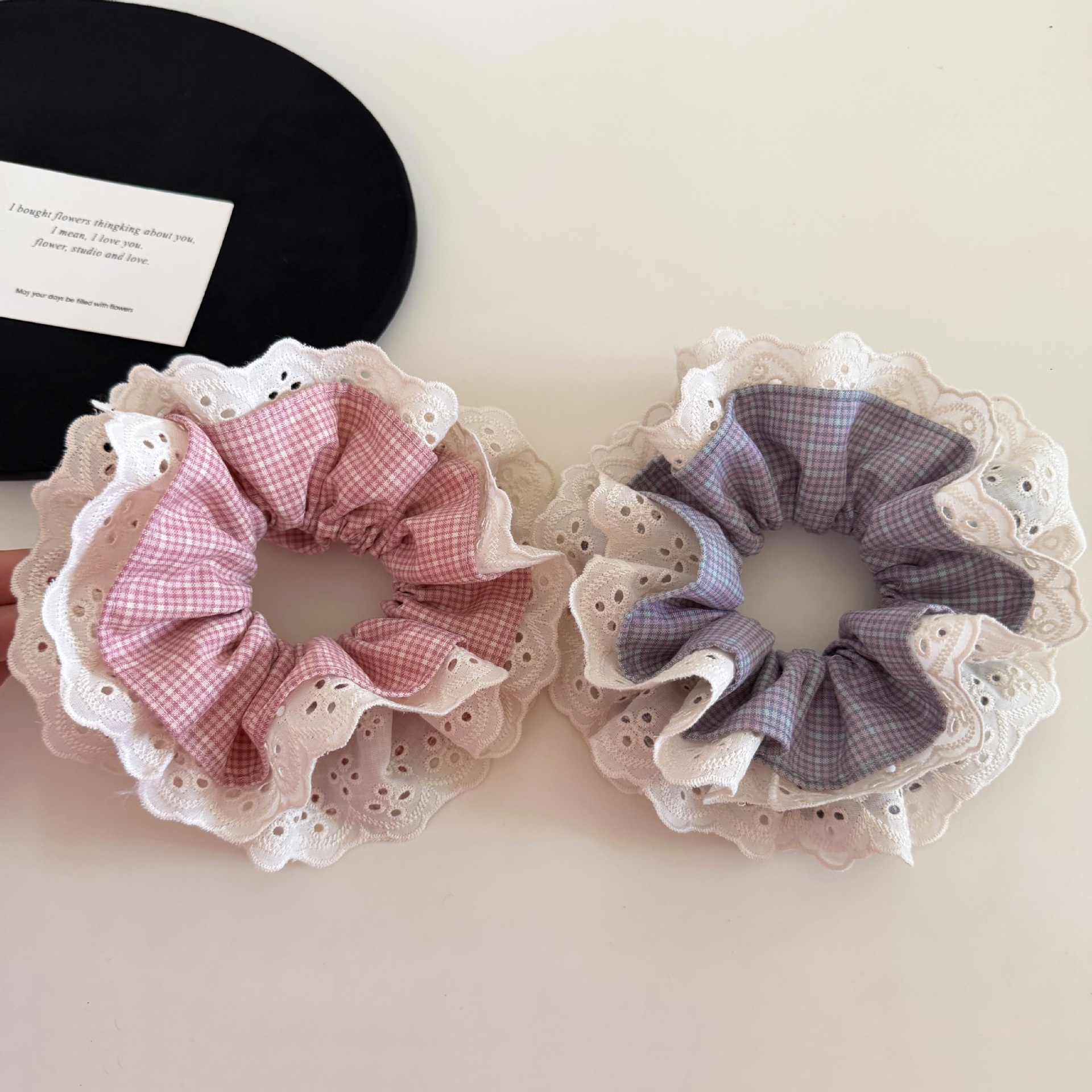 Women's Stylish Everyday Cloth Hair Tie Pink Blue Plaid Lace