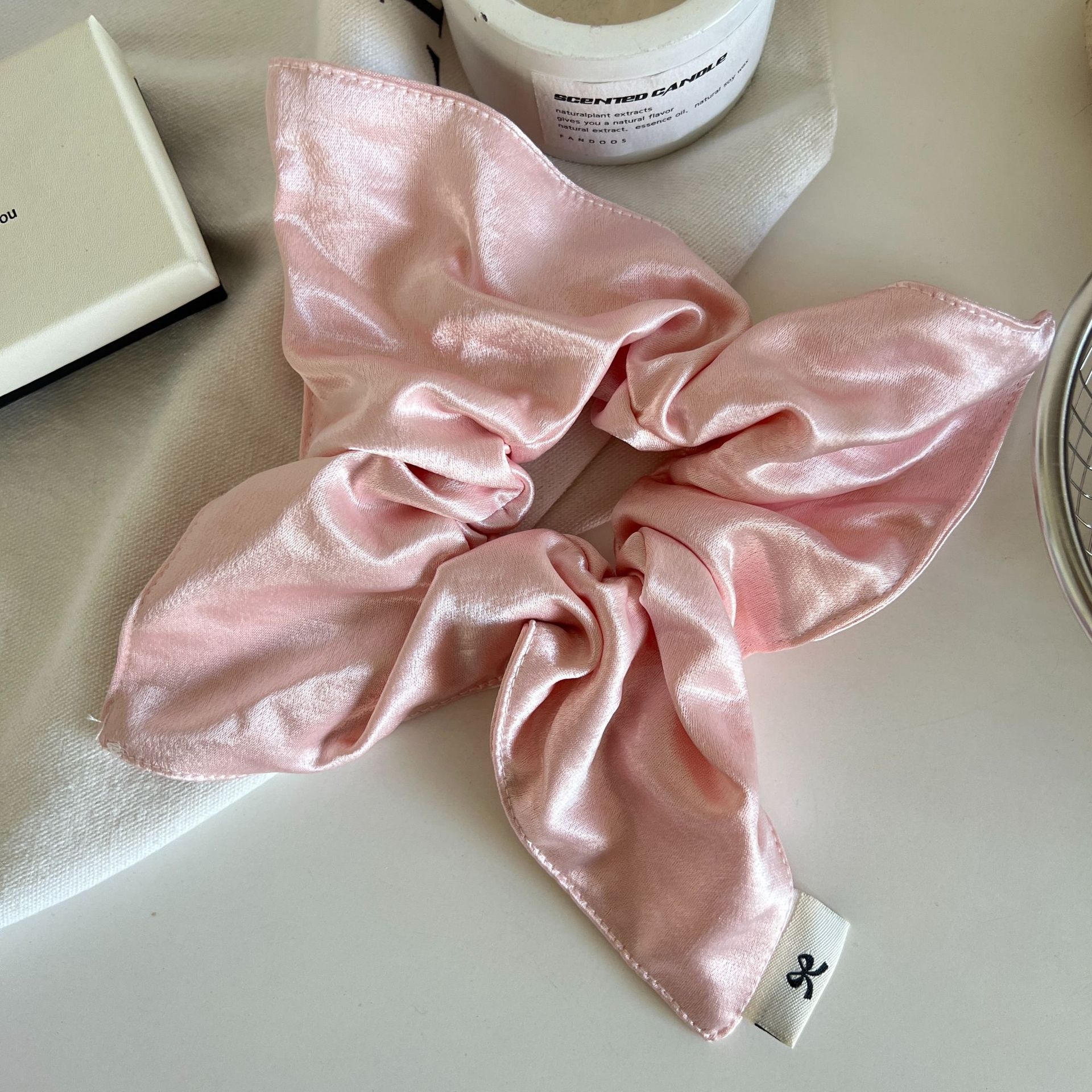 Women's Square Satin Hair Tie Daily Low Bun Accessory Solid Glossy Cream