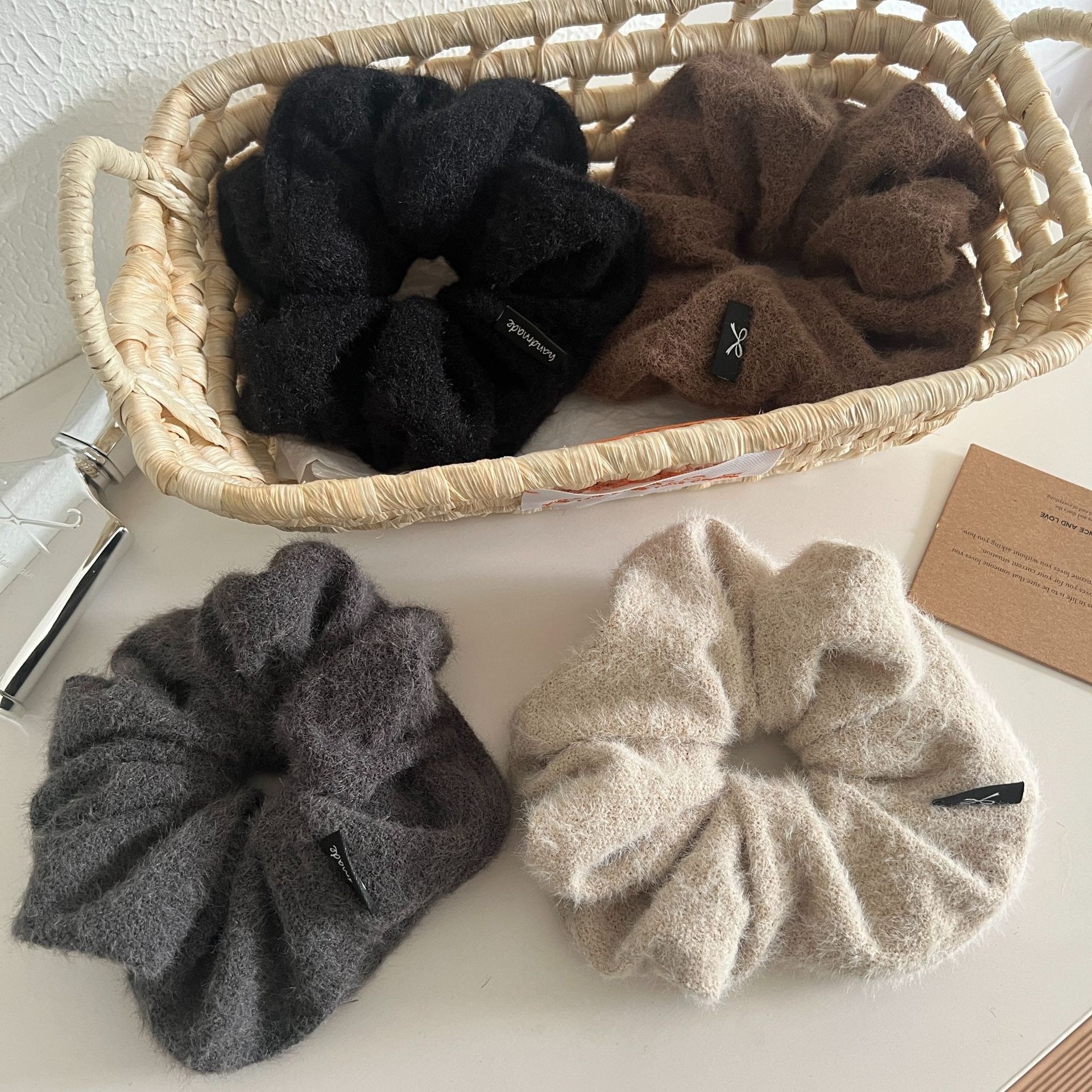 Women's Autumn Winter Plush Bowknot Hair Tie Scrunchie Brown Grey Black