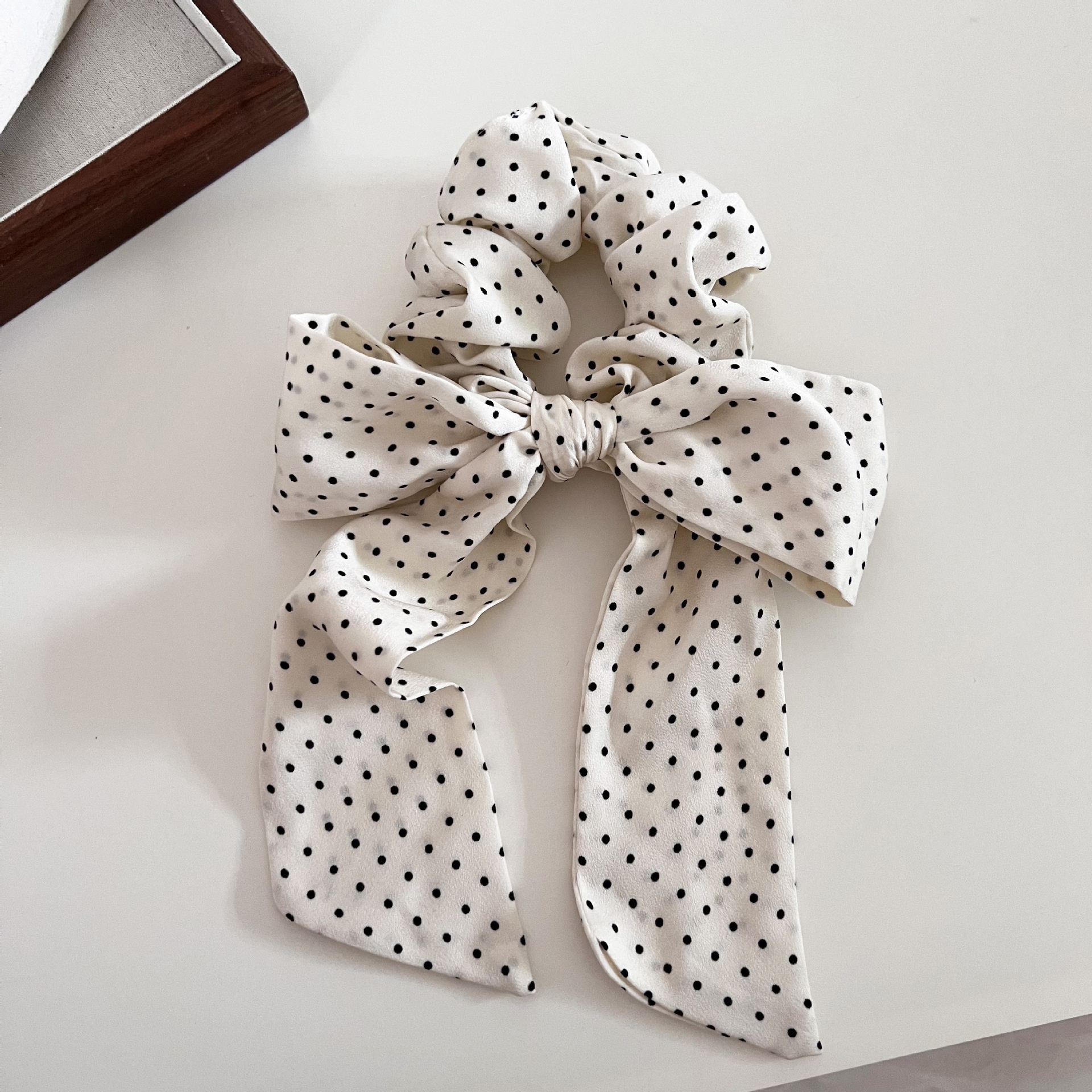 Women's Cloth Low Ponytail Elastic Hair Tie Beige Black Polka Dot Bow