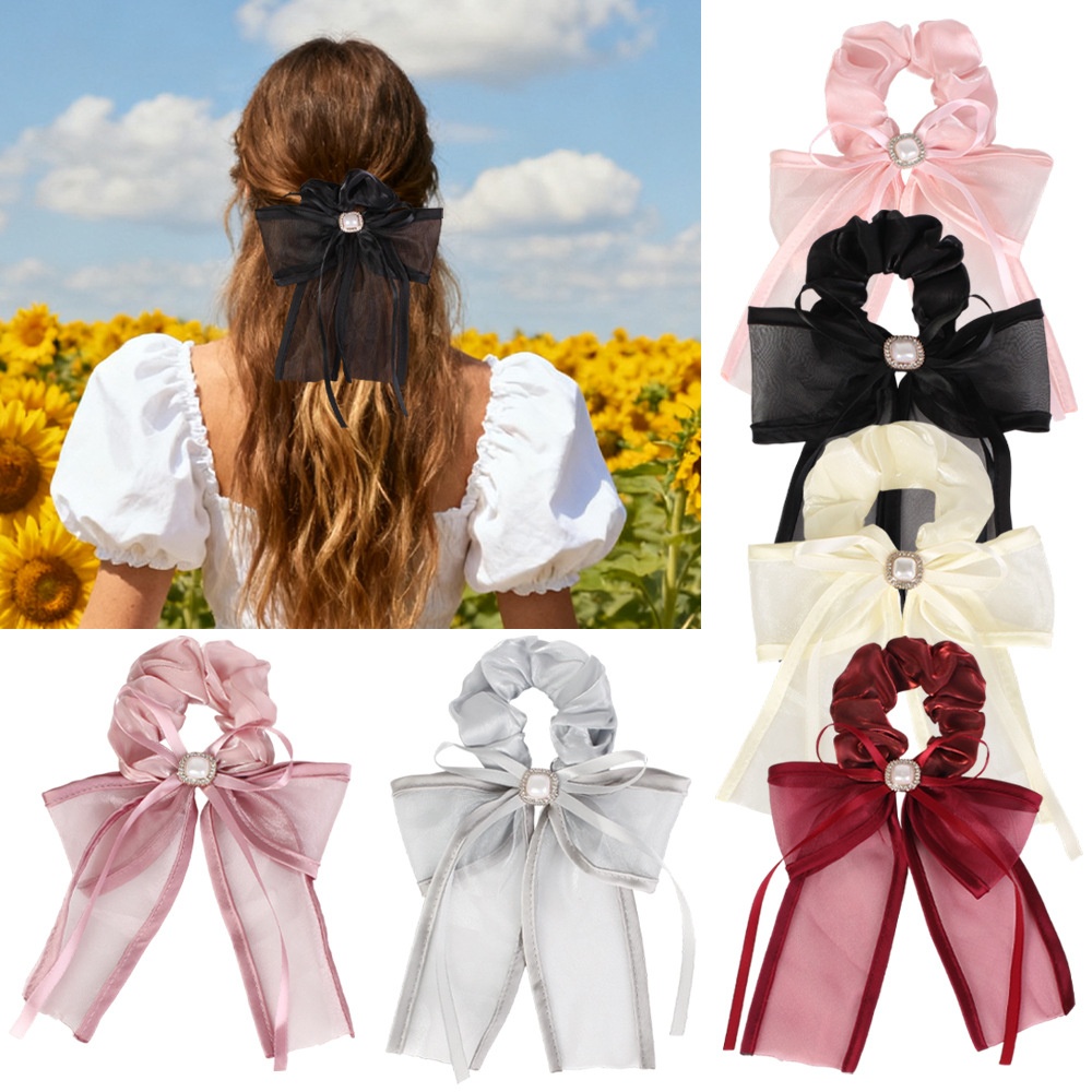 Women's Elegant Lace Mesh Hair Tie Princess Pearl Bowknot Multi-Color
