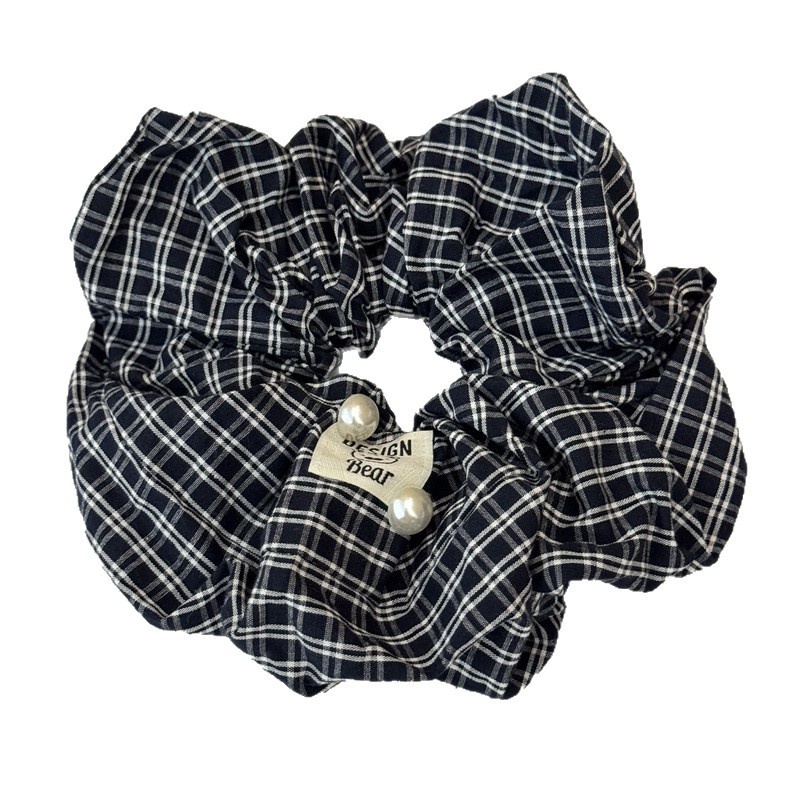 Women's Preppy Pearl Cloth Hair Scrunchies Navy Blue Checkered Plaid Pattern