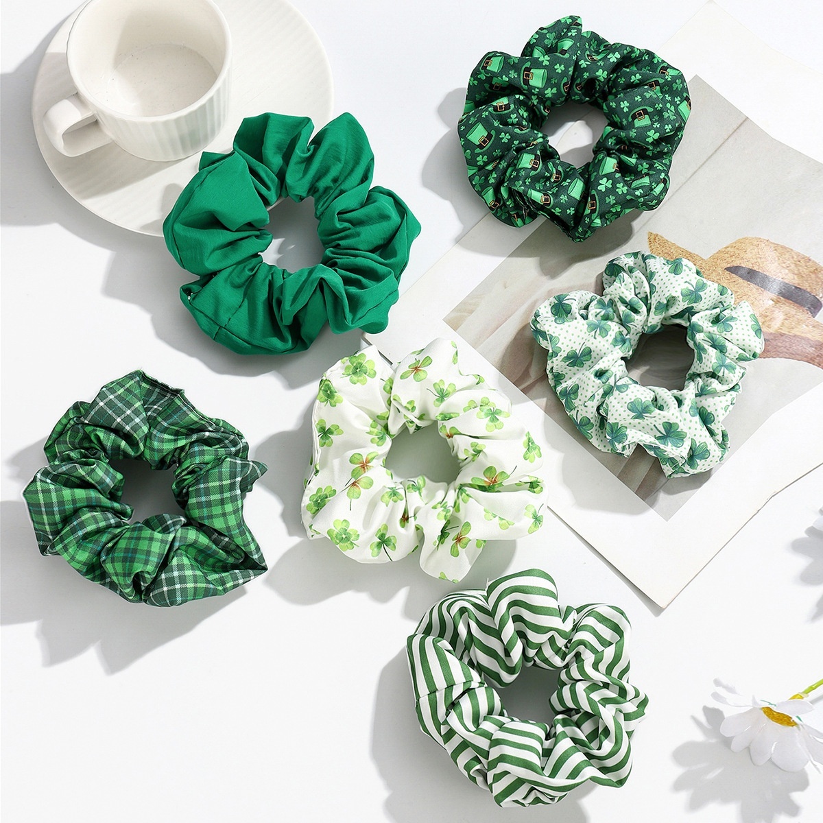 Women's St. Patrick Fabric Scrunchie Green Four-Leaf Clover Plaid