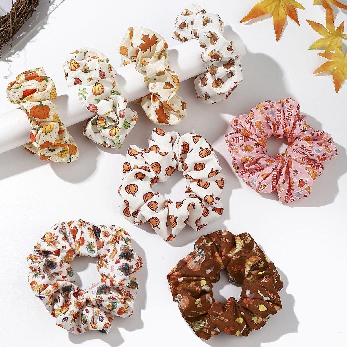 Women Versatile Fabric Hair Ties Assorted Turkey Pumpkin Patterns