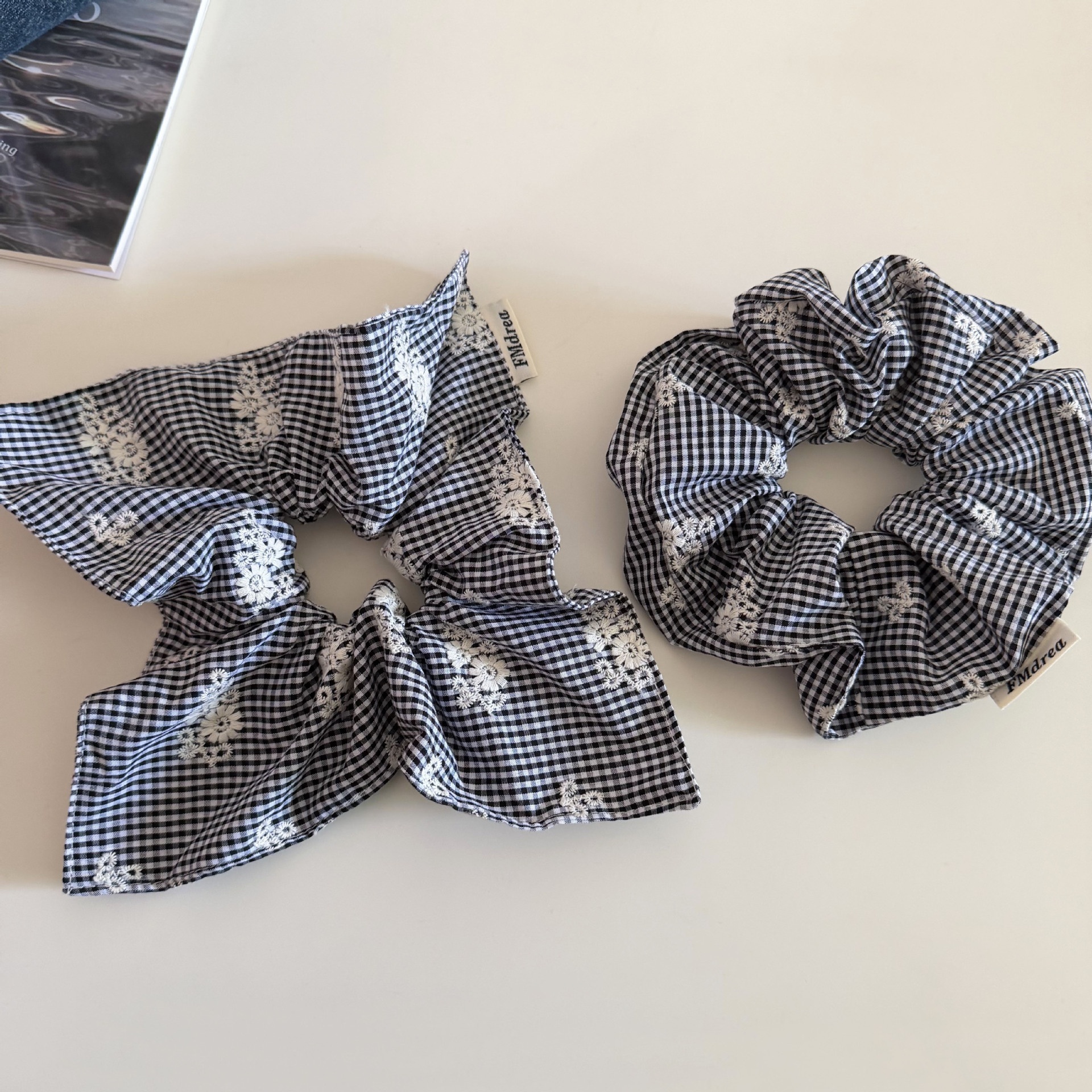 Women's Spring Cloth Bubble Braid Hair Rope Black & White Checkered