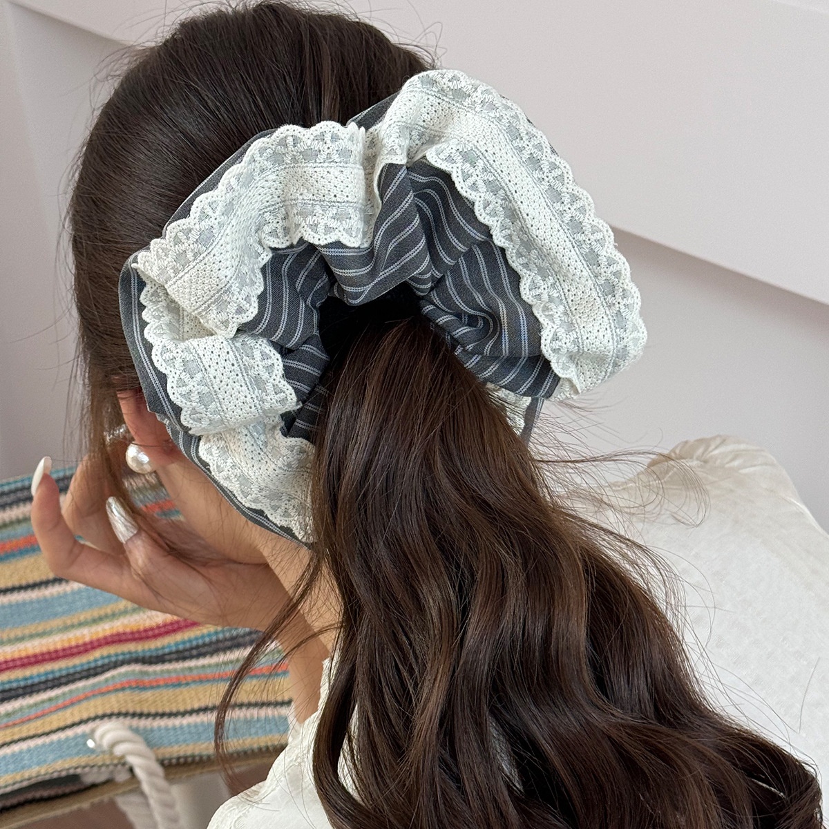 Women's Elegant Cloth Hair Tie For Everyday Wear Grey & Blue Striped Lace