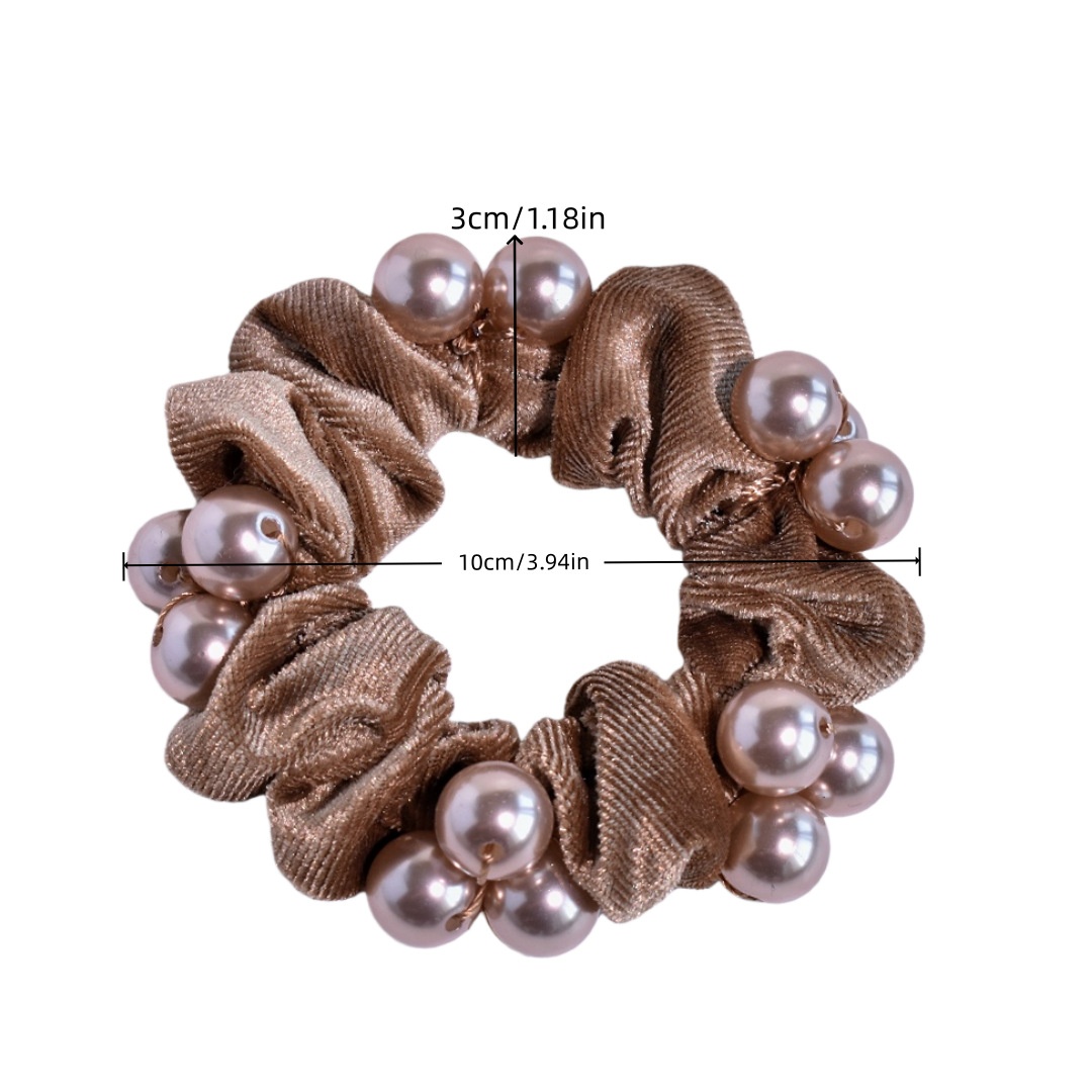 Women's Elegant Velvet Pearl Bow Hair Tie Dark Coffee Grey Black