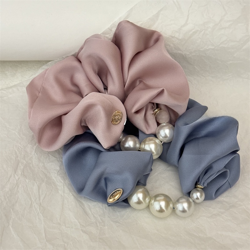 Women's Elegant Summer Satin Pearl Scrunchie Hair Tie Solid Pink