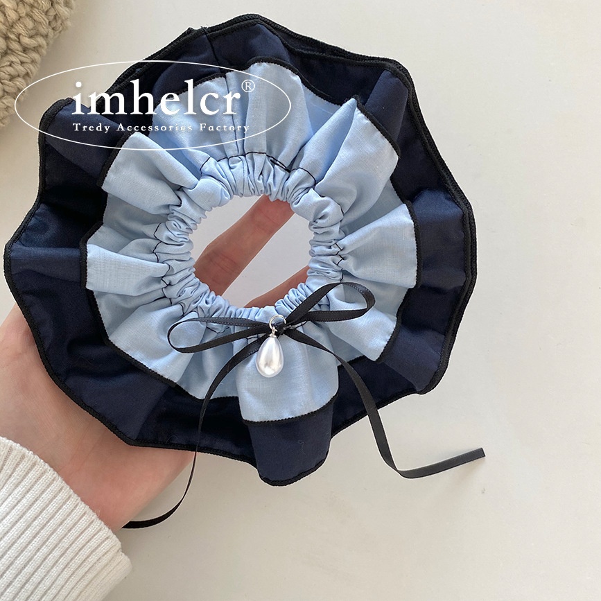 Women's Blue Pearl Knot Hairband Double Band High Elasticity Cloth Hair Tie