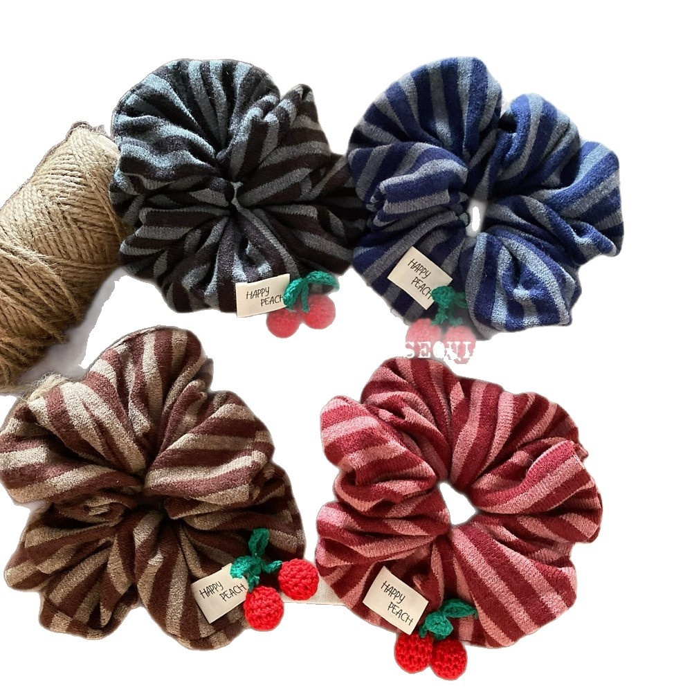 Women's Elegant Knitted Wool Yarn Hair Tie Striped Cherry All Seasons Red