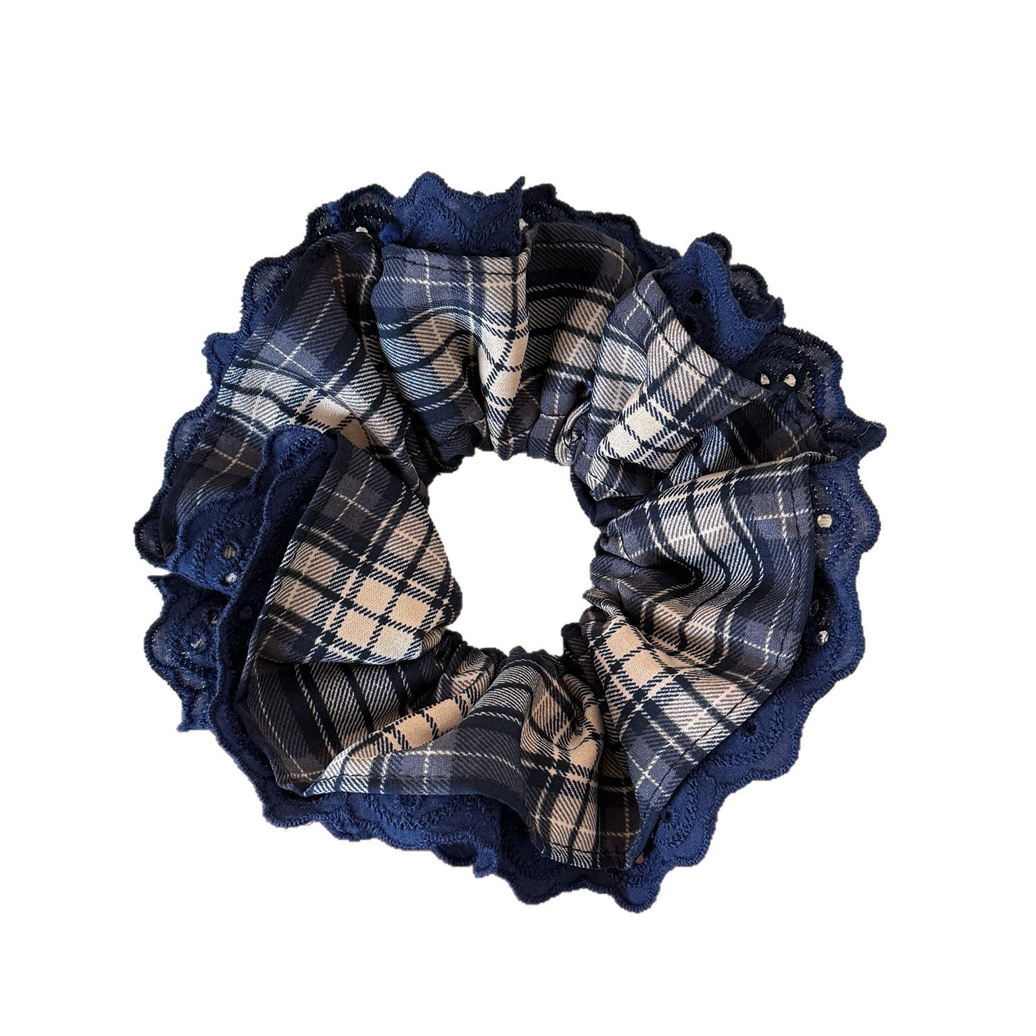 Women's Casual Cloth Lace Scrunchie Hair Tie Navy Blue Checkered