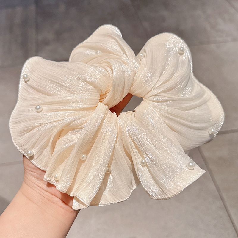 Women's Shiny Satin Pearl Large Bow Banquet Hair Tie Solid Color