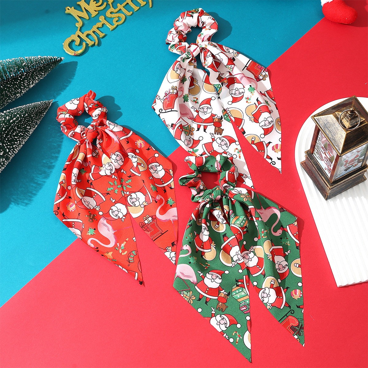Women's Cloth Ribbon Elastic Hair Ties Christmas Santa Claus Pattern